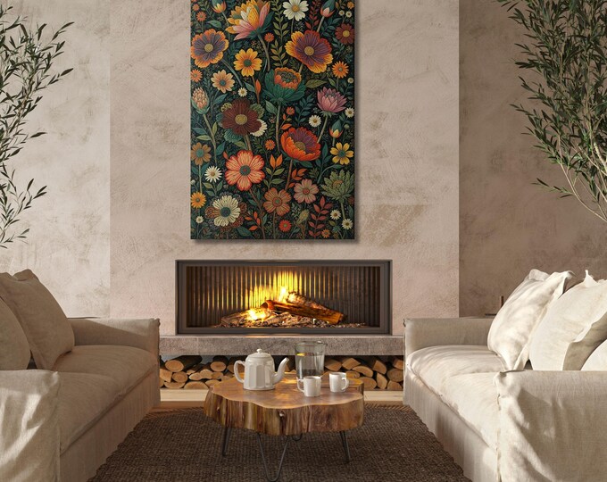 Botanical Wildflower Field Canvas Wall Art, Vintage Dark Green Print, Farmhouse Decor