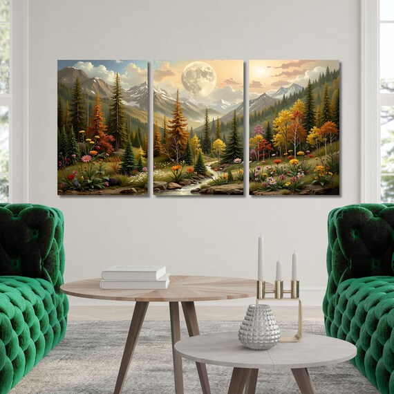 Set of 3 Flower Garden Flower Moon canvas, Moonlit Tree Forest wall Art,Full Moon Wildflower Print Gustav Klimt Night style Canvas Wall Art