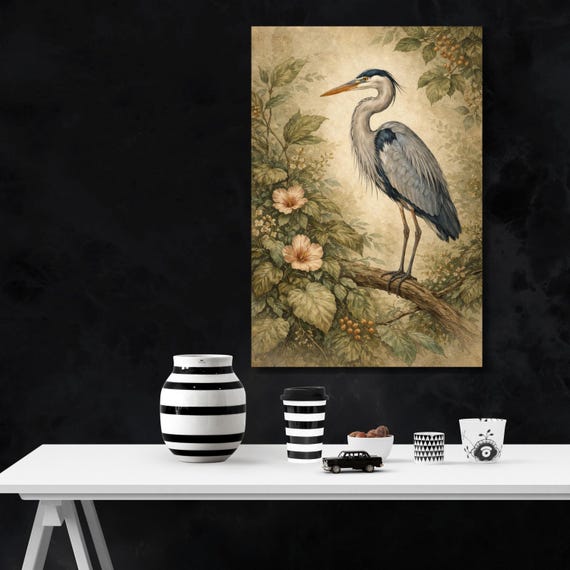 Blue Heron in Floral Garden Wall Hanging, Antique Style Bird Canvas, Sage Green and Cream Botanical Decor, Sophisticated Living Room Focal