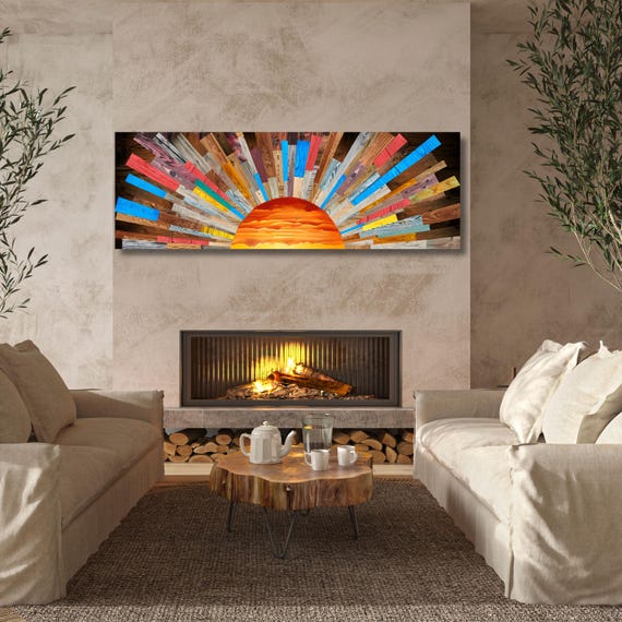 Boho Sunrise Canvas Wall Art – Wood Look Sun Print for Bedroom or Office – Natural Above Bed Decor – Earthy Bohemian Home Gift Print art
