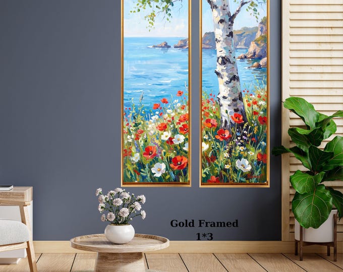 Set of 2 Tall Narrow Birch Tree Canvas – Long Vertical Forest Wall Art Decor