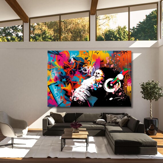 Banksy DJ Monkey Canvas Wall Art Gorilla Chimp Wall Art Banksy Thinking Monkey Music Thinker Graffiti Street Graffiti Extra Large Wall Art