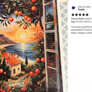 The image is a vibrant painting depicting a coastal landscape with a sunset over the ocean. The painting features a house nestled among lush greenery, with a tree adorned with orange fruits in the foreground. The painting is a roll-sized canvas, measuring 10x20x25cm, and is described as a purple canvas with a 5-star rating. The painting is described as a "picky and this is beyond my expectation! Thank you so much! This will keep me."