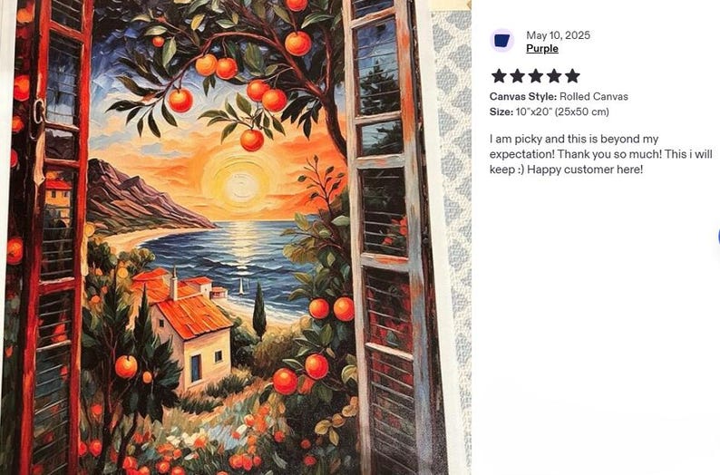 The image is a vibrant painting depicting a coastal landscape with a sunset over the ocean. The painting features a house nestled among lush greenery, with a tree adorned with orange fruits in the foreground. The painting is a roll-sized canvas, measuring 10x20x25cm, and is described as a purple canvas with a 5-star rating. The painting is described as a "picky and this is beyond my expectation! Thank you so much! This will keep me."