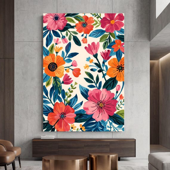 Modern Floral Pattern Canvas Print, Colorful Botanical Wall Art, Vibrant Wildflower Poster, Contemporary Garden Decor