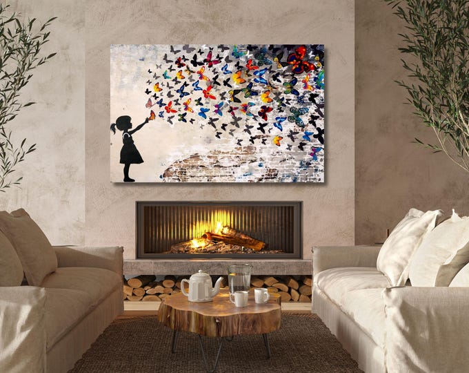Banksy Butterfly Girl Canvas Art, Graffiti Street Art, Wall Hangings (Digital Download)