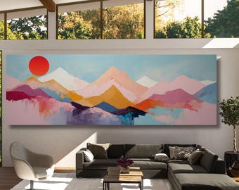 Panoramic Abstract Mountain Canvas Art, Minimalist Sea Sun Waves Line Art Beach House Decor