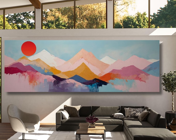 Panoramic Abstract Mountain Canvas Art, Minimalist Sea Sun Waves Line Art Beach House Decor