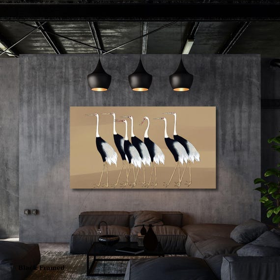 Japanese Minimalist Crane Wall Art – Mid Century Neutral Boho Bird Canvas Print