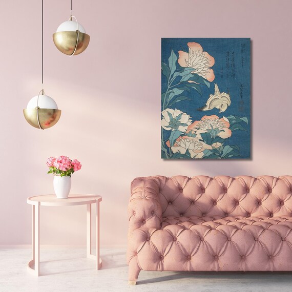 Canary and Peonies by Katsushika Hokusai Canvas Wall Art Canary and Peonies Print, Japanese Wall Art, Hokusai Japanese Decor Japanese Print