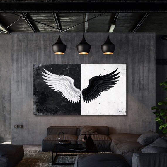 Black and White Angel Wings Canvas Wall Art, Modern Minimalist Wings Poster Print, Large Monochrome Wall Decor for Bedroom or Living Room