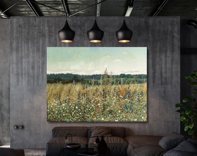 Wildflower Field Canvas Art, Vintage Botanical Landscape Painting