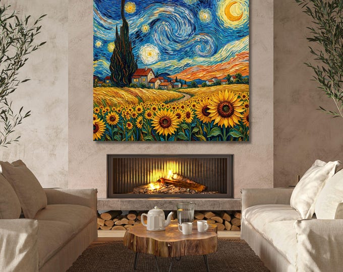 Floral Landscape Canvas: Sunflowers Under Starry Sky (Ready to Hang)