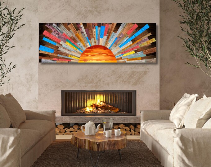 Boho Sunrise Canvas Wall Art – Wood Look Sun Print for Bedroom or Office – Natural Above Bed Decor – Earthy Bohemian Home Gift Print art