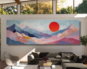 Panoramic Abstract Mountain Canvas Art, Minimalist Sea Sun Waves Line Art Beach House Decor