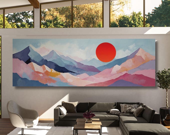 Panoramic Abstract Mountain Canvas Art, Minimalist Sea Sun Waves Line Art Beach House Decor