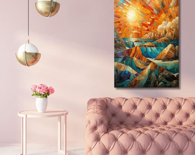 Vibrant Sunrise Mosaic Canvas Wall Art, Panoramic Coastal Scene, Bedroom Decor