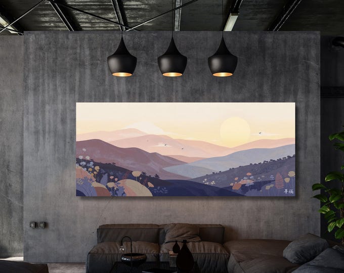 Boho Sunrise Mountain Print Minimalist Rolling Hills Wall Art for Above Bed Decor, Hallway Accent or Luxury Modern Home Interior Style art