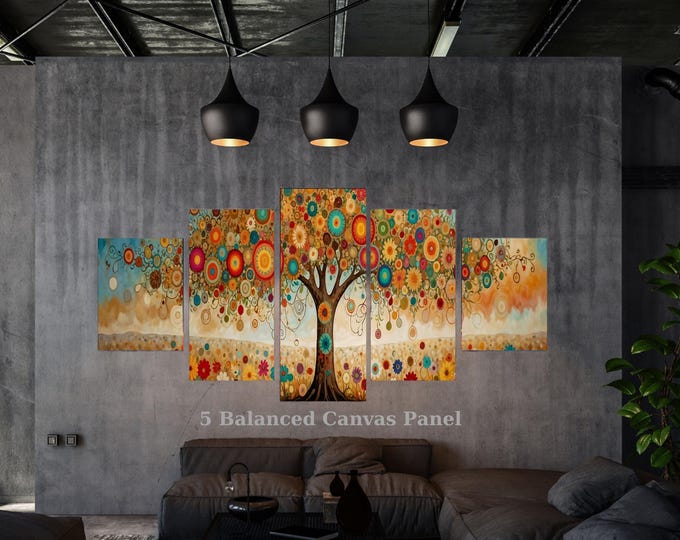 5 Gold Tree of Life Canvas Set, Klimt Style Wall Art, Framed Floral Mural