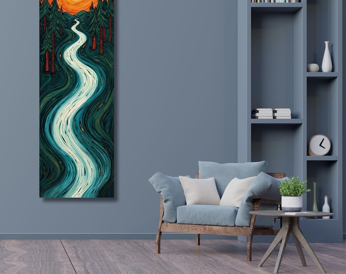 Nature Wall Decor: Tall Tree and Mountain - Long Narrow Canvas
