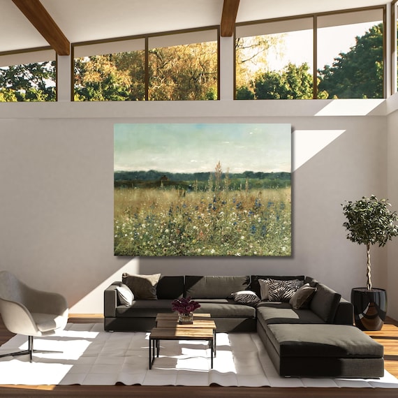 Landscape Wall Art Wildflower Field Oil Painting Large Canvas Wildflower Field Canvas Vintage Botanical Wildflower Flowers Canvas Minimalist