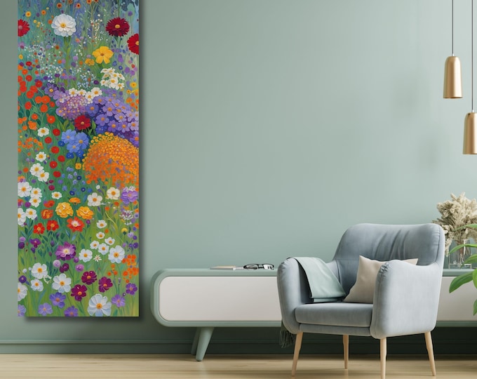 Klimt Style Wildflower Garden Canvas Print, Tall Vertical Botanical Wall Art