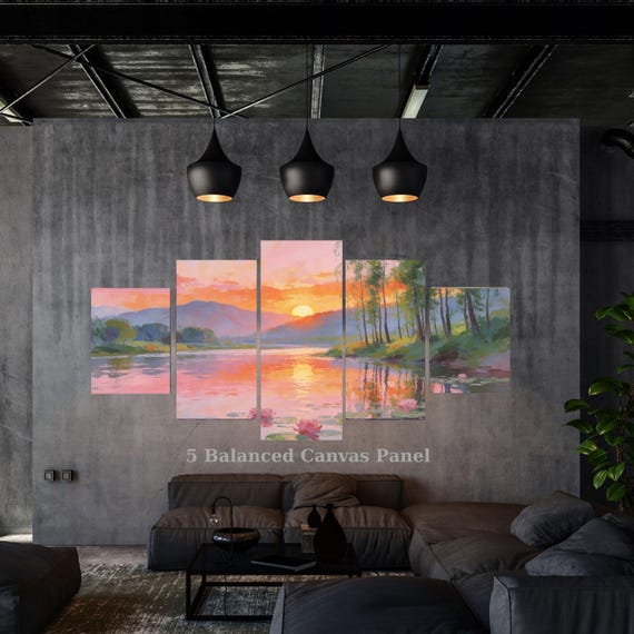 5 Piece Pink Sunset River Canvas Set, Water Lily Pond Wall Art, Impressionist Mountain Landscape, Multi Panel Framed Ready to Hang Decor