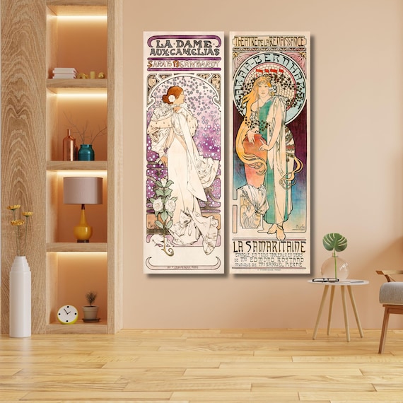 Set of 2 Alphonse Mucha Long Canvas – La Dame aux Camelias & La Samaritaine Art Nouveau Prints
