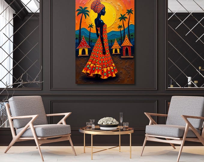 African Village Scene Canvas Wall Art, Panoramic Cultural Afrocentric Decor