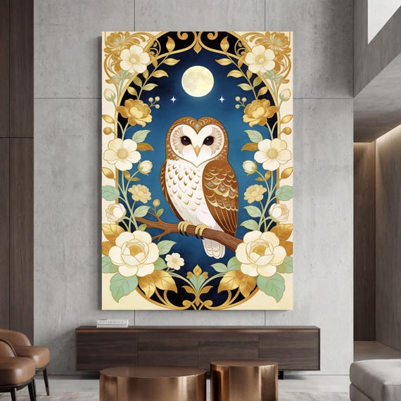 Elegant Living Room Wall Decor, Framed Owl Illustration, Midnight Blue and Gold Canvas, Symmetrical Floral Art Print, Modern Cottagecore Art