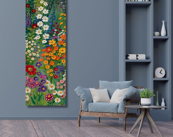 Klimt Style Wildflower Garden Tall Narrow Canvas, Botanical Nature Wall Art, Rustic Floral Vertical Print for Hallway or Bedroom art gift