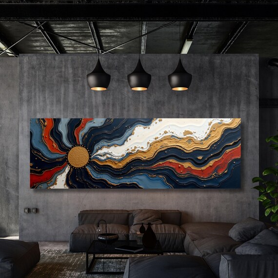 Panoramic Abstract Canvas Wall art, White Yellow blue Marble Canvas, Sun Luxury Art, Abstract Decor, Abstract wall art Canvas Contemporary