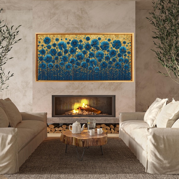 Gustav Klimt Blue Floral Canvas Wall Art, Elegant Flower Garden Print, Art Nouveau Style Home Decor, Vintage Botanical Wall Ready to Hang
