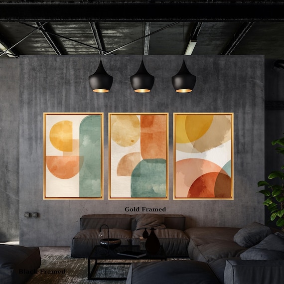 Set of 3 Mid Century Abstract Wall Art,Minimal Geometric Canvas Print,Neutral Boho Shapes,Large Color Block Arch Decor,Modern Wall Hangings