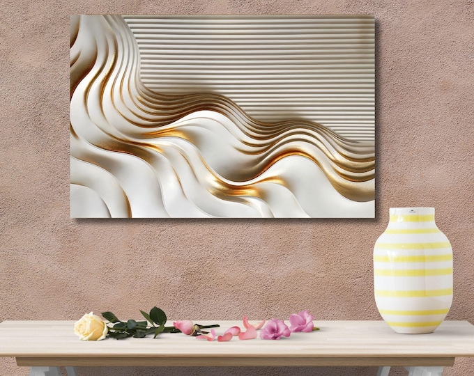 Abstract Gold Wave Canvas Art, White Fluid Wall Decor, Minimalist Living Room Print