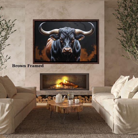 Majestic Bull Canvas Wall Art, Powerful Horned Bull Illustration, Dark Animal Art Print, Rustic Modern Decor, Ready to Hang Artwork canvas