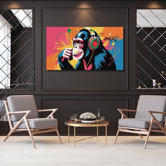 Banksy DJ Monkey Canvas Wall Art Banksy Thinking Monkey Music Thinker Graffiti Wall Art Extra Large Wall Art Gorilla Chimp Ready to Hang