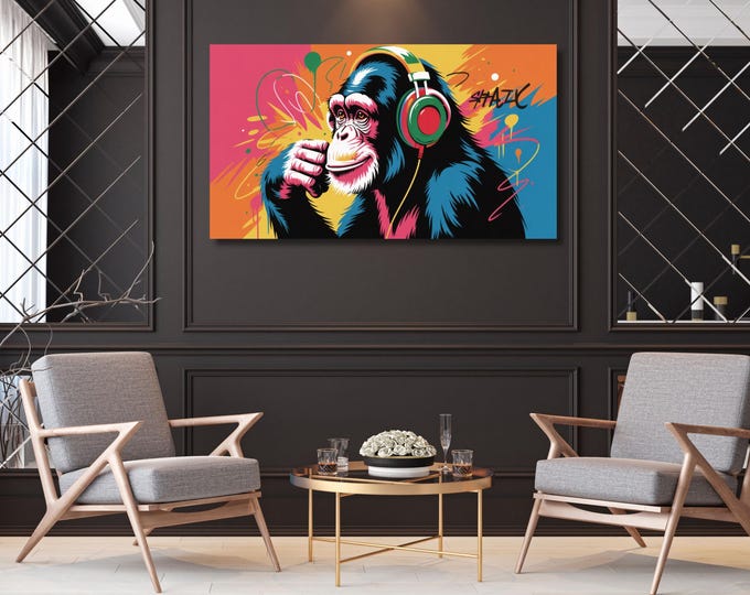 Banksy DJ Monkey Canvas Wall Art Banksy Thinking Monkey Music Thinker Graffiti Wall Art Extra Large Wall Art Gorilla Chimp Ready to Hang