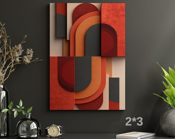 Terracotta Geometric Abstract Canvas, Textured Relief Style Wall Art, Gold Framed Modern Mid Century Poster, Warm Earth Tones Decor