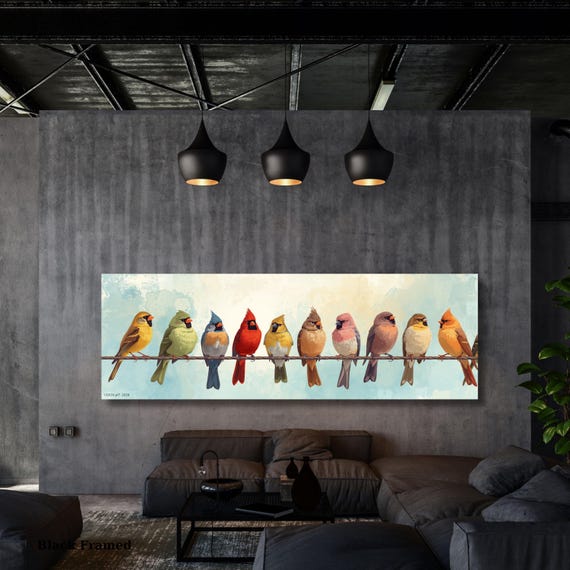 Unique Gift for Bird Lovers, Rainbow Watercolor Bird Illustration, Large Panoramic Nature Canvas, Cheerful Office Decor, Songbird Art Print