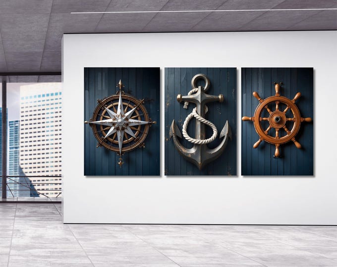 Nautical Canvas Wall Art Set of 3: Anchor, Compass, Helm Prints