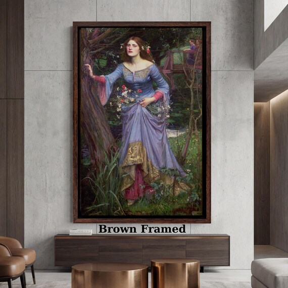 Ophelia in Blue Dress Canvas Wall Art, Preraffaelite Inspired Woman Painting, Shakespearean Character Art, Moody Female Portrait Print