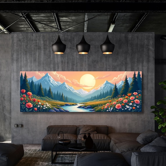 Full Moon Wildflower Canvas, Flower Garden Flower Market canvas, Moonlit Pine Tree Forest wall Art, Rustic Mountain Art, Woodland Klimt Gift