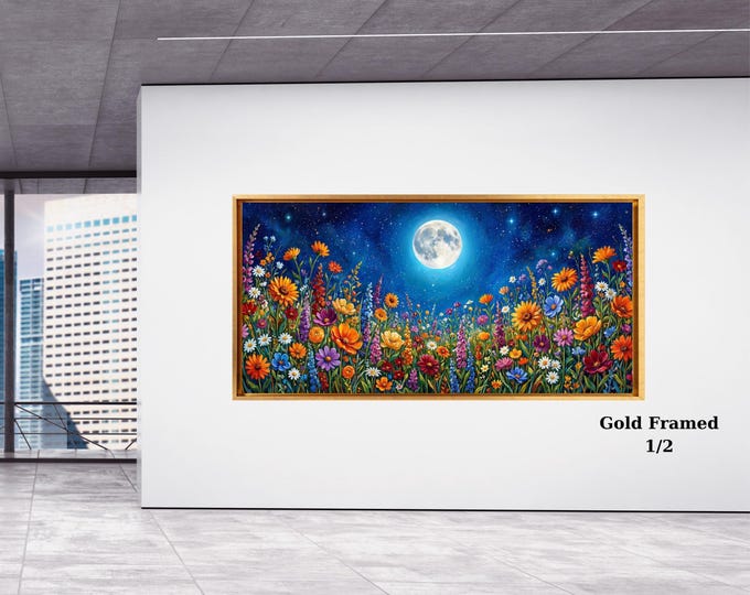 Moonlit Forest Wildflowers Canvas Art, Full Moon Painting, Rustic Wall Decor