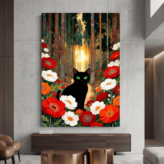 Klimt Style Cat Canvas Wall Art – Golden Art Nouveau Animal Decor Print