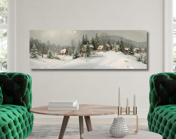Cozy Winter Village Scene Canvas Wall Art – Snow Covered Homes Wall Art, Rustic Holiday Christmas Decor