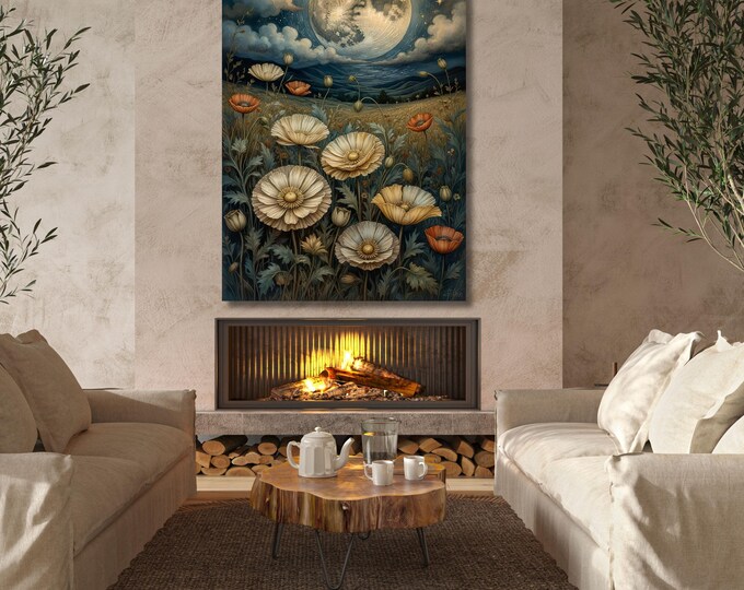 Full Moon Wildflower Canvas Art, Moonlit Forest Wall Art, Rustic Mountain Landscape Print