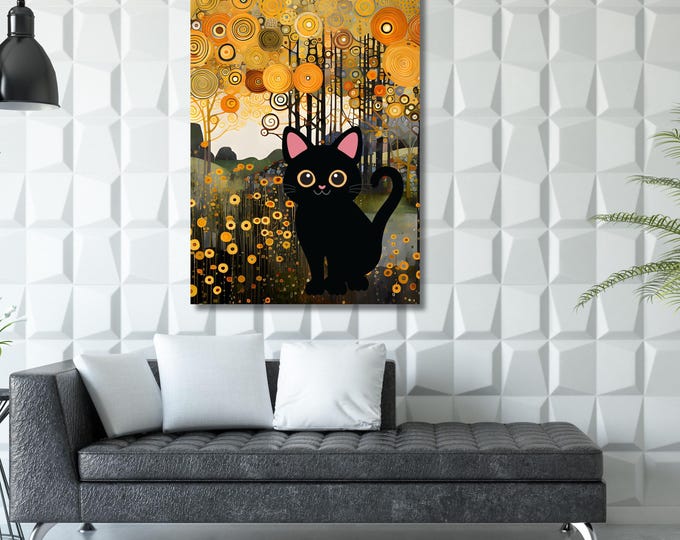 Gustav Klimt Black Cat Art Nouveau Canvas Print, Vintage Feline Garden Artwork