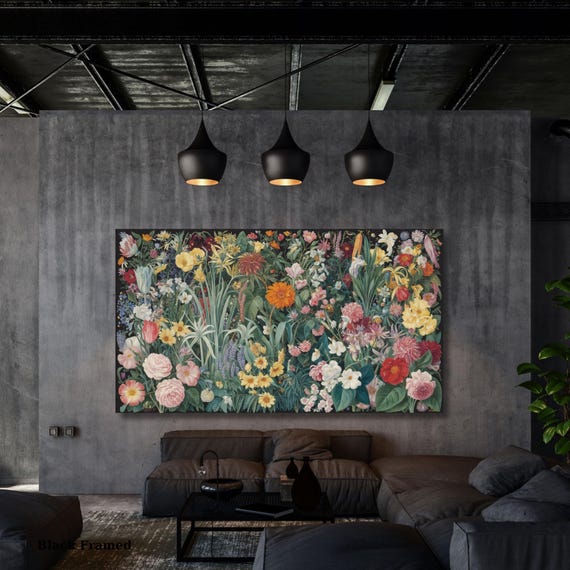 Wildflower Garden Canvas Art,Gustav Klimt Style Woodland Print,Rustic Floral Wall Decor,Vertical Meadow Landscape, Whimsical Nature Wall Art