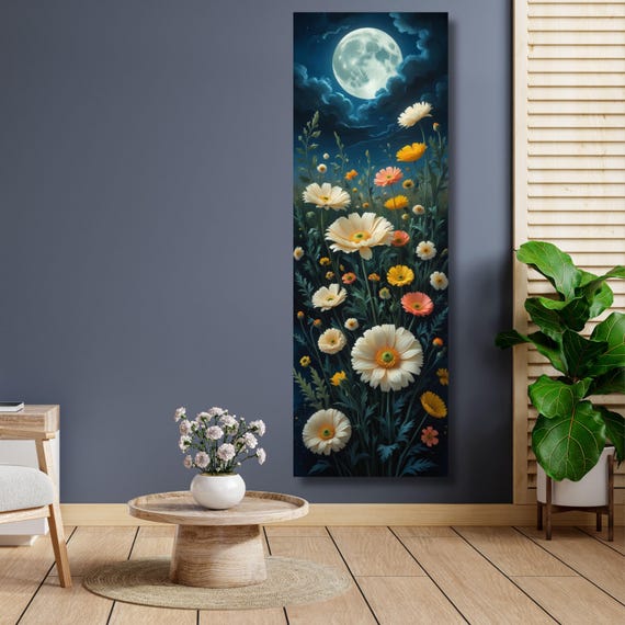 Klimt-Inspired Full Moon Wildflower Canvas Art: Rustic Mountain Decor